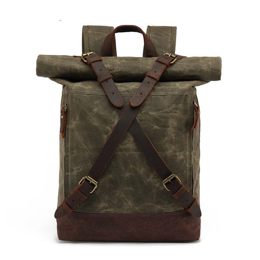 Canvas Leather Mens Shoulder Travel Computer Backpack- Army Green
